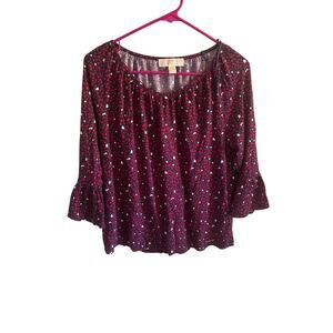 Michael Kors Top Medium Blue Red Hearts Bell Sleeve Blouse Women's size: large